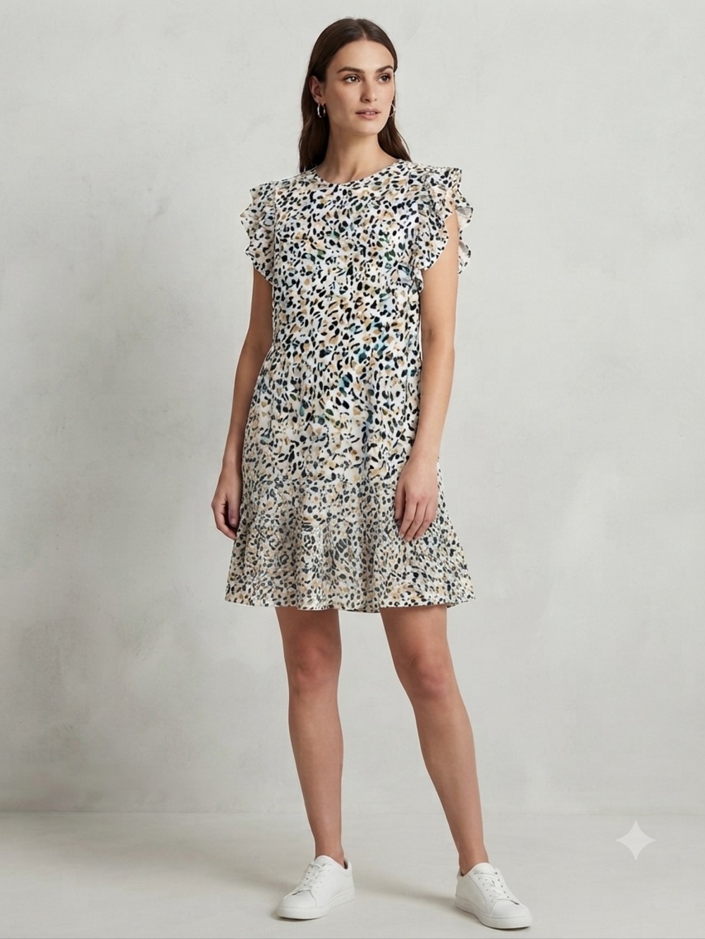 SHEIN White Leopard Print Ruffle Sleeve Mini Dress with Green & Mustard Spots